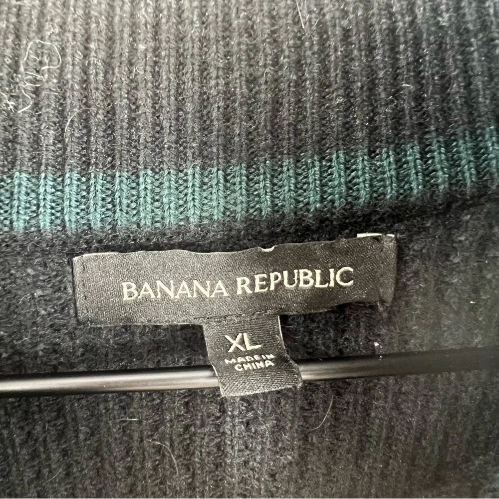 Men's Banana Republic Black 1/4 Zip Merino Wool Sweater Leather Trim Size XL